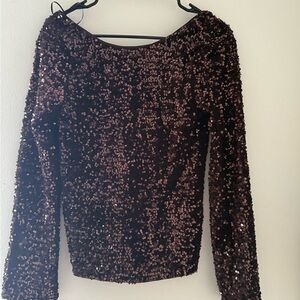 H&M Sequin Long Sleeve Top in Burgundy